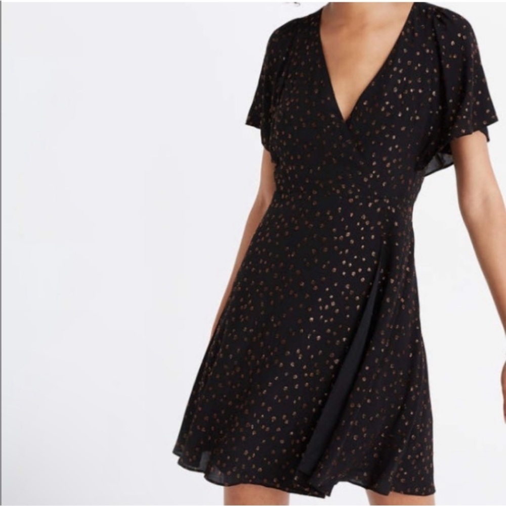 Madewell Cape-Sleeve Mini Dress in Black with Copper Metallic Dots sz 2